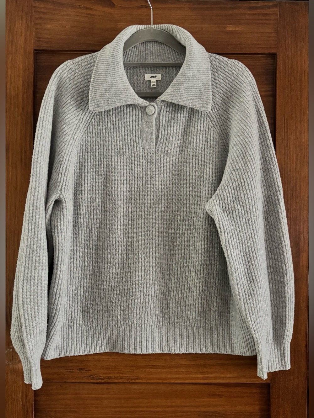 aerie Light Gray Ribbed Polo Sweater - Picture 1 of 4